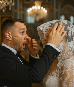 Podczas ceremonii ślubnej pan młody uniósł welon, by pocałować pannę młodą… lecz to, co zobaczył pod koronką, sprawiło, że serce zamarło mu w piersi