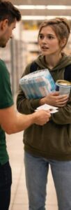 Młoda kobieta z plecakiem weszła do sklepu i ukradła pieluchy i mleko w proszku dla niemowląt, ale została zatrzymana przez pracownika przy wyjściu, po czym wydarzyło się coś, co wprawiło cały sklep w szok