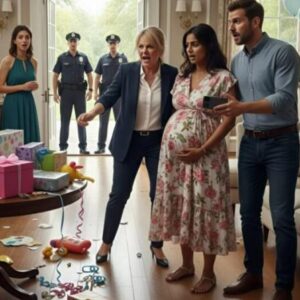 Na moim baby shower teściowa zamieniła uroczystość w scenę jak z koszmaru. Ogłosiła, że sama wybierze imię dla dziecka, a kiedy odmówiłam, wpadła w szał i zniszczyła wszystkie prezenty. Kilka minut później wydarzyło się coś, co zakończyło się tym, że policja wyprowadziła ją w kajdankach…